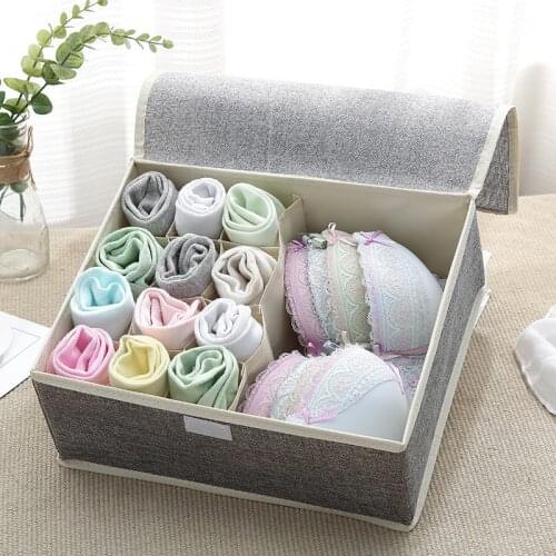 New Fabric Cotton Linen Underwear Storage Box Underwear Socks Multi-Compartment Foldable Bra Storage Box With Lid Dust-Proof