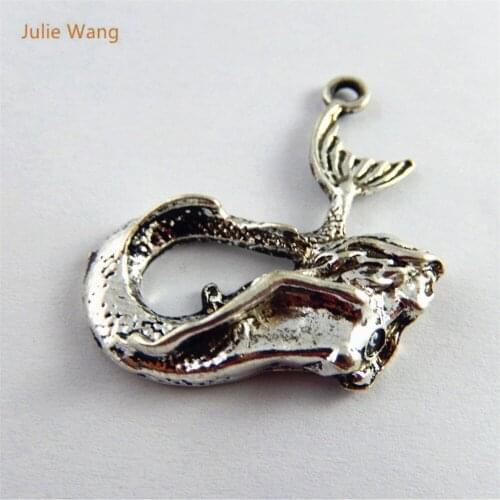 Julie Wang 5pcs Antique Silver Color Cute Mermaid Charms Hanging Pendants Jewelry Bracelet Handcraft Necklace Accessories51429