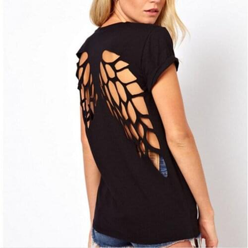 Angel Wings T shirt hollow out Womens camiseta Feminina Tunic Back Cut out Crop tops Laser Cut O-Neck Short tee tops T-shirt