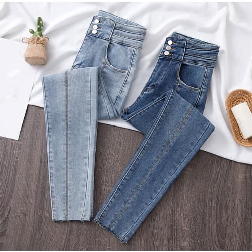 Plus Size Striped Patchwork Ripped Skinny Jeans for Women 4XL High Waist High Stretchy Distressed Pencil Capris Blue Denim Pants