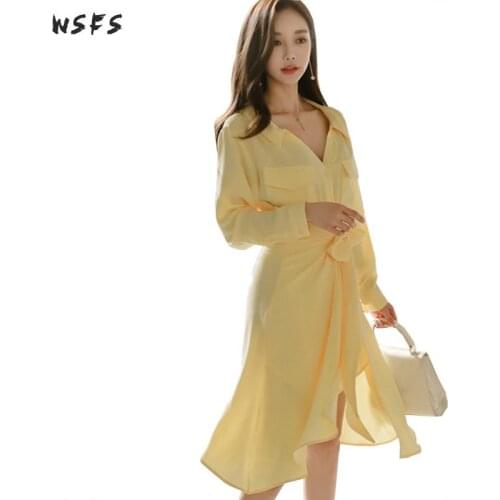 2 Pieces Set Autumn Women Dress Yellow Shirt Long Tops Bandage Bodycon Sexy Party Elegant Midi Asymmetrical Belt Skirt Dresses