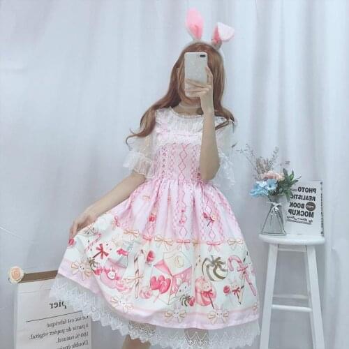 Summer Womens Japanese Mori Girl Lolita Spaghetti Strap Mid-Length Cartoon Print Sweet Dress + Chiffon/Lace Shirt Lolita Set