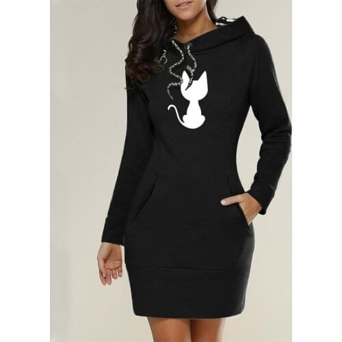 Sweatshirt Dress Women Hoodies Print Pocket Ladies Long Sleeve Autumn Hooded Pullover Oversized Sweatshirt Loose Casual Dress
