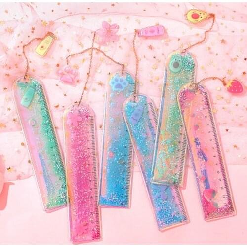 1Pcs Oil Flow Sand Bookmark Rulers Kawaii Laser Girl Drawing Template Lace Sewing Ruler Stationery Office School
