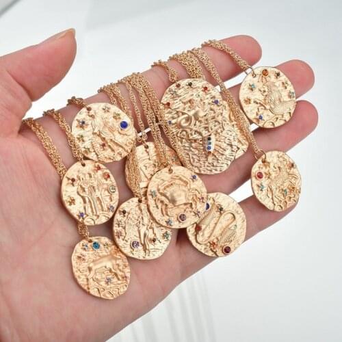 12 Constellation Gold Necklace Women Retro Twelve Constellation Pendant Necklaces With Rhinestone Boyfriend Gift Choker Necklace