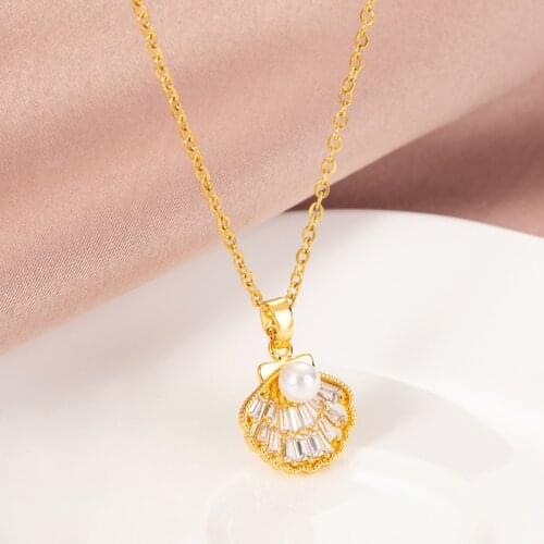 2021 New Exquisite Crystal Zircon Pearl Shell Pendant Women Necklace Trendy No Fade Gold Color Stainless Steel Ladies Jewelry