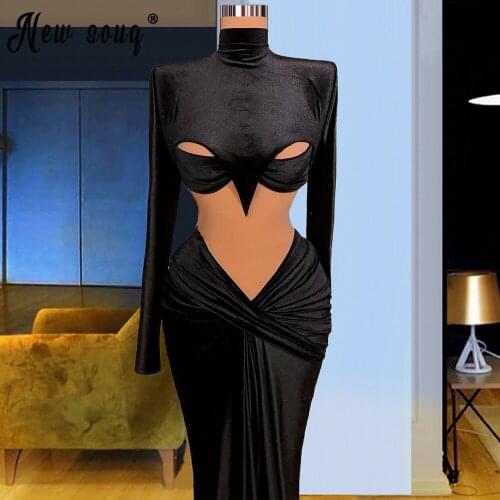 Black Velour Mermaid Evening Gowns 2021 High Neck Long Sleeve Pleated Prom Party Dress Vestidos De Fiesta vestido de festa