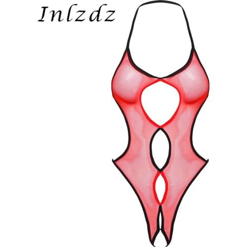 Erotic Lingerie See-through Mesh Bodysuit Womens Sexy Nightwear Halter Neck Hollow Out Crotchless Underwear Slim Fit Jumpsuit