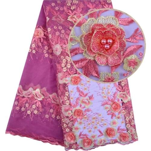 French Beaded Lace Fabric 2018 Latest African Mesh Tulle Lace Fabric 5 Yards Nigerian 3D Flowers Guipure Lace Fabric 1233