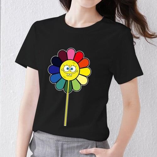 Womens T-shirt Casual Slim Round Neck Classic Black Soft Rainbow Flower Pattern Print Breathable Comfortable Youth Womens Top