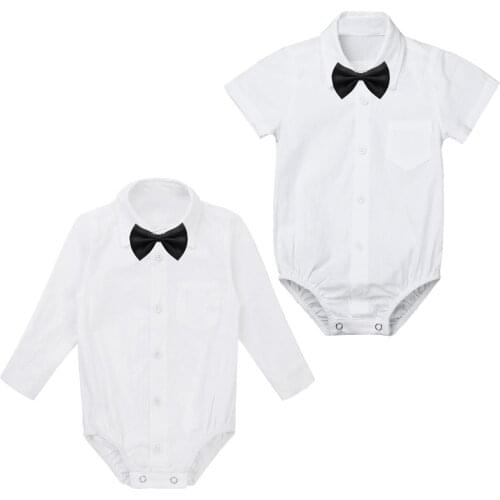 Infant Baby Boy Romper Formal Gentleman Shirt Romper With Black Bow Tie Set Baby Jumpsuit For Wedding Party Birthday Pageant