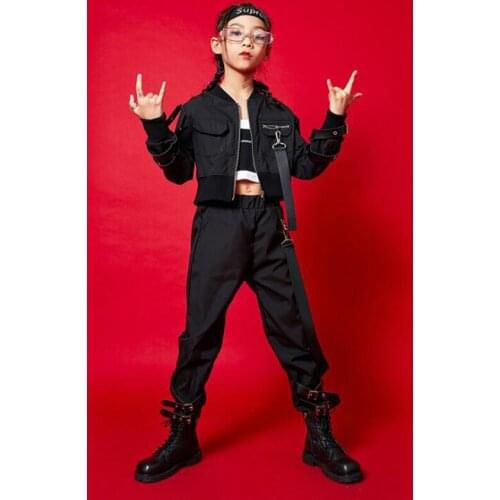 Girls Cool Hip Hop Clothing Black Tank Crop Tops Jacket Stage wear Tactical Cargo Pants for Girls Ballroom Dance Costume Clothes