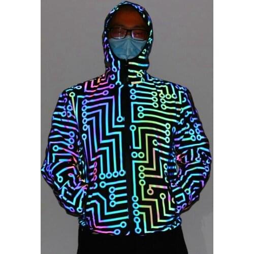 Nightclub dancer circuit geometric pattern rainbow color reflective jacket men women hip-hop mechanical dance Hooded coat