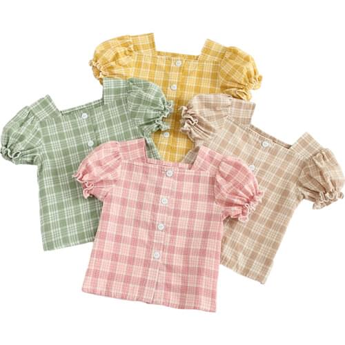 Summer Kids Baby Girls Blouses Tops Tee Cotton Plaid Childrens Girl T-shirt Clothes