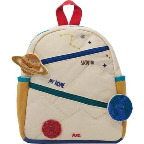 New Childrens Stitching Cotton Canvas Earth Star Ball Embroidery Backpack Cute Girl Color Matching Casual Small School Bag