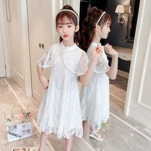 Girl Dress Summer Lace Kids Dresses for Girls White Beading Party Dress Elegant Princess Costume 3 To 16 Years Children Clothes