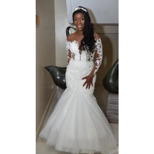 Mermaid Wedding Dresses Sheer Neck Long Sleeve Open Back Lace Beaded African Bride Gowns Custom Plus Size Bridal Gowns vestidos