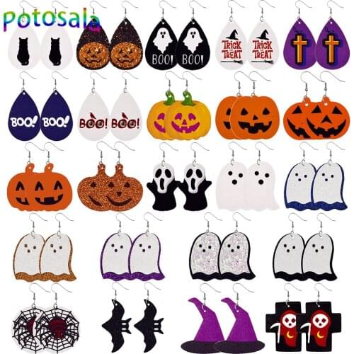 Potosala Halloween Leather Drop-Shaped Earrings New Pumpkin Lamp Printing Earrings Skull Ghost Earrings For Women Jewelry Gifts