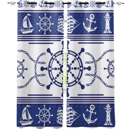 Simple Modern Rudder Anchor Blue Stripes Curtains For Kitchen Bedroom Window Treatment Curtains for Living Room Drape