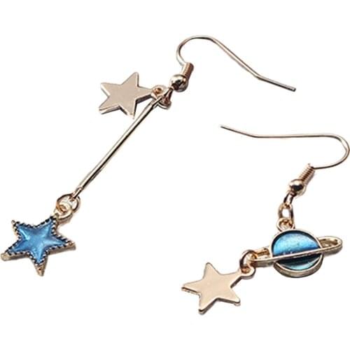 Mode Blauwe Ruimte Universe Moon Star Oorbellen Voor Vrouwen Goud Kleur Universe Planeet Cirkel Asymmetrie Lange Oorbellen