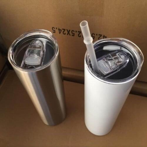 Silver/White 20oz Sublimation Skinny Tumbler Stainless Steel Coffee Mug Insulated Wine Tumbler With Straws Vaccum Mug