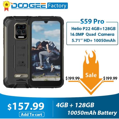 DOOGEE S59 Pro IP68/IP69K Rugged Mobile Phone 10050mAh 5.71'' HD+ Smartphone Helio P22 Octa Core 4+128GB 2W Loud Volume Speaker