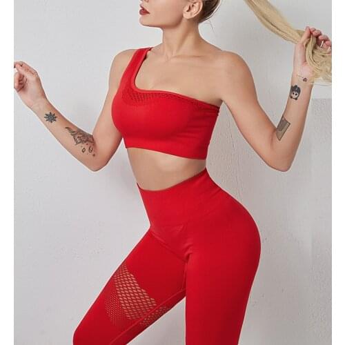 Fitness set gathered one-shoulder sports bra bra mesh high waist hip-lifting yoga pants