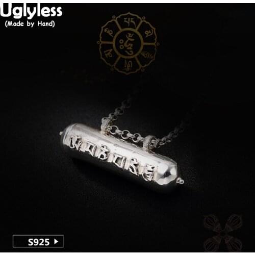Uglyless Real 925 Sterling Silver Carved Buddhism Mantra Cylinder Pendant without Chain Unisex Tibetan Fine Jewelry Vajra Bijoux