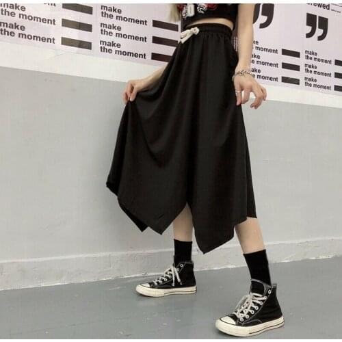 Women Black Irregular Skirts Punk Rock Cargo Vintage Harajuku Elastic Waist