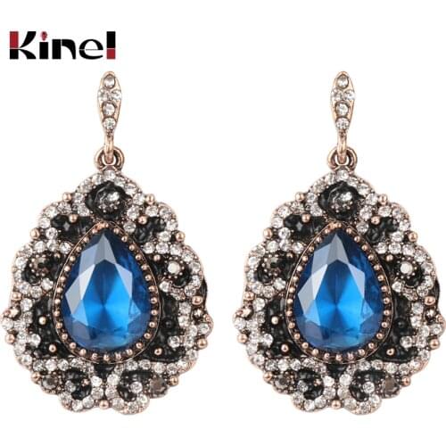 Kinel Luxury Boho Blue Big Earring For Women Black Enamel White Rhinestones Fashion Antique Gold Vintage Jewelry Best Gift