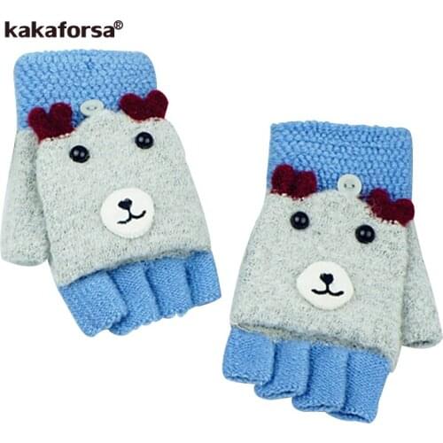 Kakaforsa Brand New Knitted Gloves Women Half Finger Flip Gloves Cute Ladies Winter Warm Fashion Cartoon Fingerless QK
