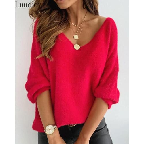 Women Long Sleeve Fluffy Sweater Tops Party Jumper Office Lady Female Vestido
