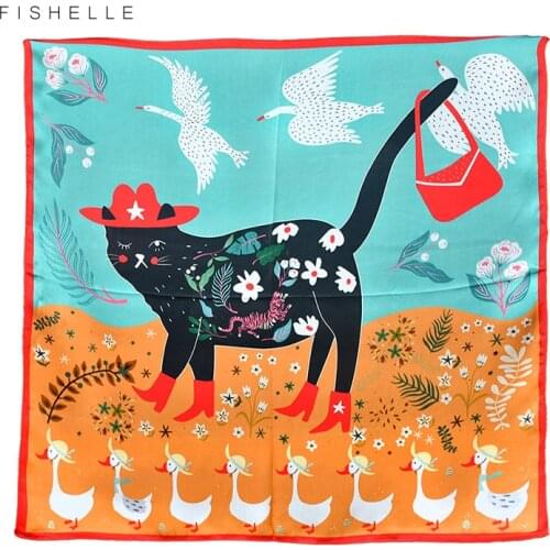 Cute black cat and white swan 100% twill silk scarf women pareo headband 65cm square bandana foulard ladies hair band scarves