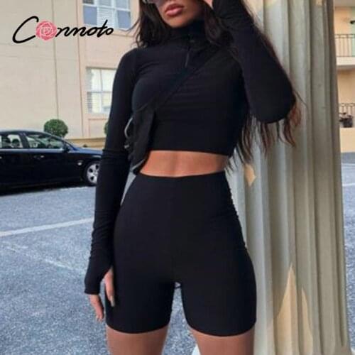 Conmoto Sexy silm zipper lapel women short set Casual long sleeve solid Sports style suit Spring autumn fashion sportswear 2020