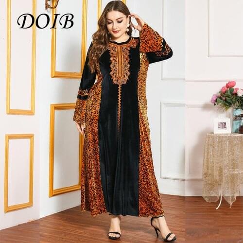 DOIB Women Black Leopard Velvet Muslim Dress Embroidery Full Sleeve Long Abya Dress 2020 Autumn Winter Plus Size Maxi Dress