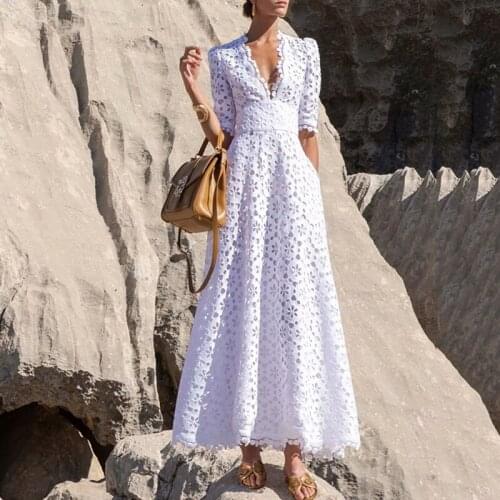 Women Elegant White Lace Summer Maxi Dress Cut Out High Waist Tunic French Long Dress