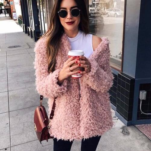Women Pink Faux Fur Coat Turn Down Collar Long Sleeve Cardigan Female Outwear Winter Warm Coat