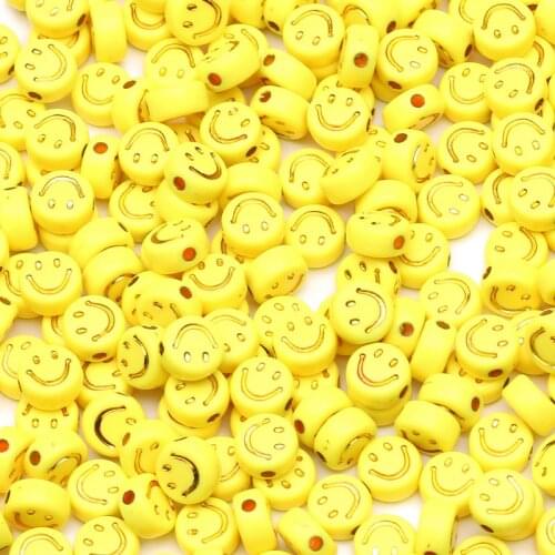 Yellow Gold Plated Acrylic Round Beads Smiley Face Loose Spacer Beads For Jewelry Making Diy Bracelet Necklace Accessories 4x7mm