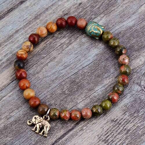 Boho Natural Stone Elephant Buddha Charm Stretch Bracelets Handmade Elastic Beaded Yoga Bracelet Meditation Yoga Jewelry