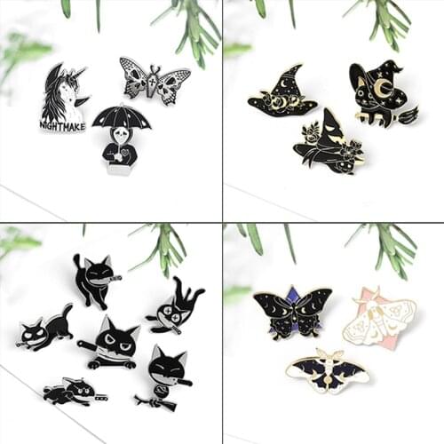 Black cat Animal Enamel pins Skull butterfly Magic wizard cat Kungfu cat moth Nightmake Punk Badges Brooches for Friends Jewelry