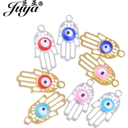 JUYA 10pcs Alloy Hollow Hand Evil Eye Enamel Charms Pendant for Necklace Earring DIY Jewelry Making Crafts Supplies 10.5x21mm