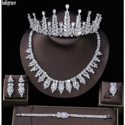 Dubai Luxury 5A Full Cubic Zirconia Tiaras and Crowns 5pcs Jewelry Set Birthday/Anniversary Gift for Mom/Wife/Sister/Best Friend