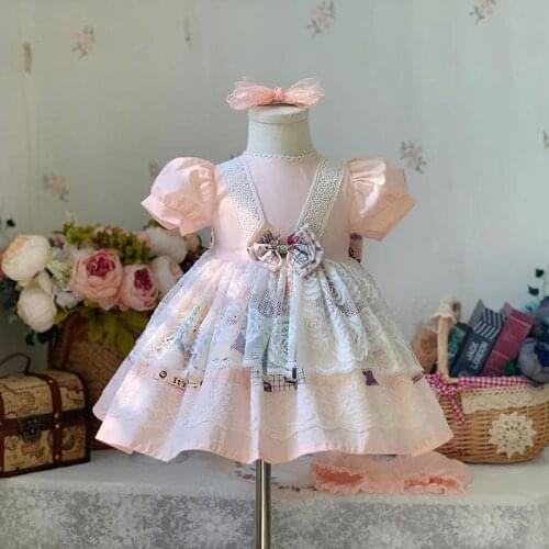 2PCS Summer Vintag Princess Lolita Lace Bow Puff Shortsleeve Ball Gown Dress For Baby Girls Birthday Gife Party Turkey Easter