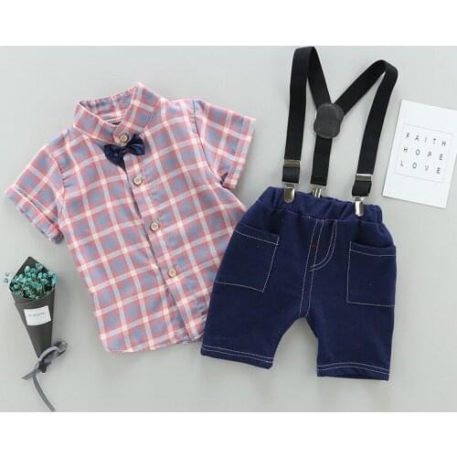 Baby Gentleman Suit New Boy Cotton Plaid Short-sleeved Shirt + Strap cowboy Shorts Two-piece Kids Clothes