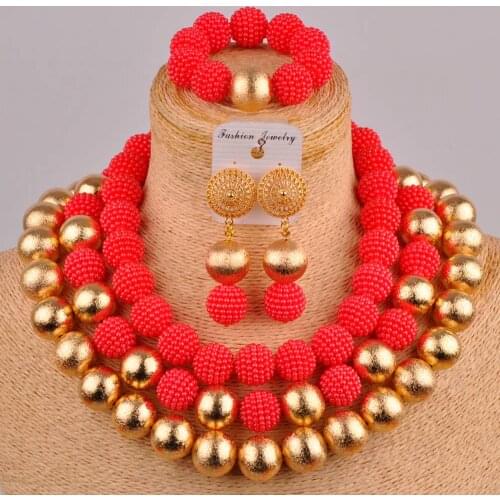 Red african beads jewelry set simulated pearl costume necklace nigerian wedding set FZZ81