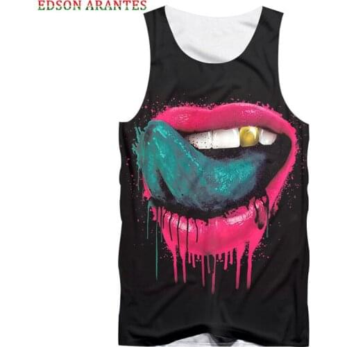 Ugly black Men Women Tank Tops 3D Printed Red lips with blue tongue Sleeveless Shirt Sports Vest Male Sexy Sports Vest Singlets