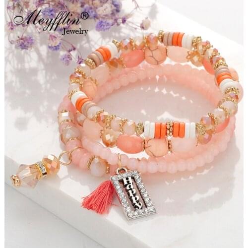 Meyfflin Bohemian Multilayer Beads Bracelets & Bangles for Women Vintage Happy Crstal Bracelet Fashion Female Charm Jewelry Gift