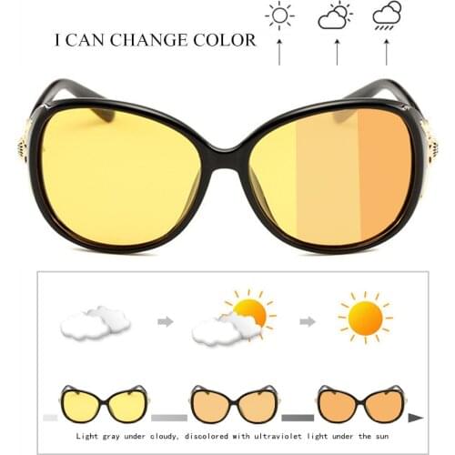 SOPRETTY Photochromic Women Polarized Night Vision Driving Glasses Oval Oversize Sunglasses With Diamonds Yellow Goggles UV400