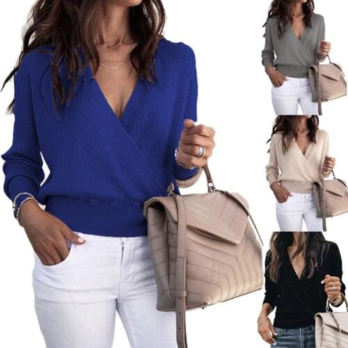 Plain color v-neck knit top with long sleeves womens solid pullover long sleeves short sleeves thermal shirt