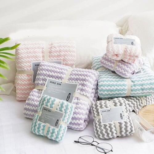 Autumn Winter Stripe Face Towel Absorbent Coral Fleece Microfibre Towels Set Comfortable Quickly-drying Bathroom Swimming Towels